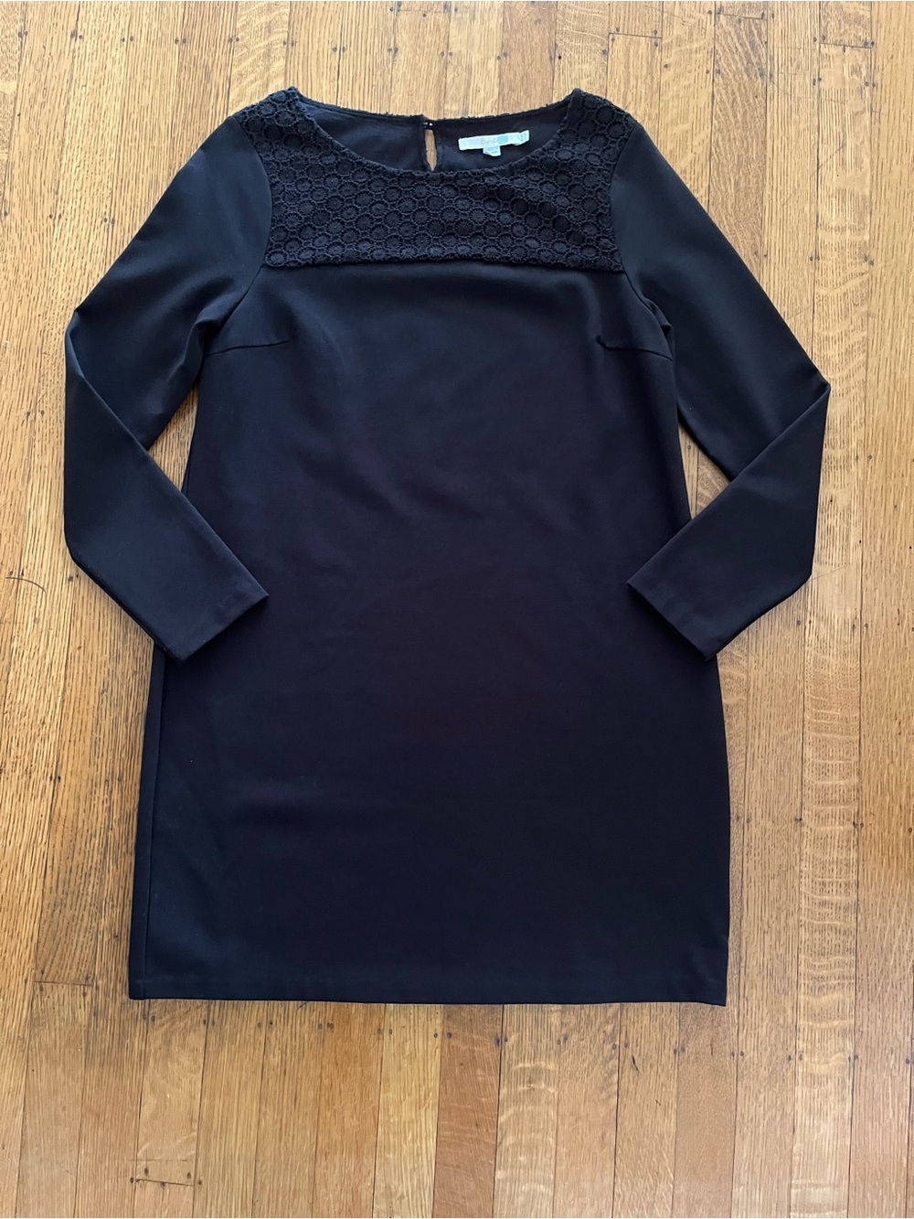 Boden Black Long-Sleeve Shift Dress with Crochet Yoke